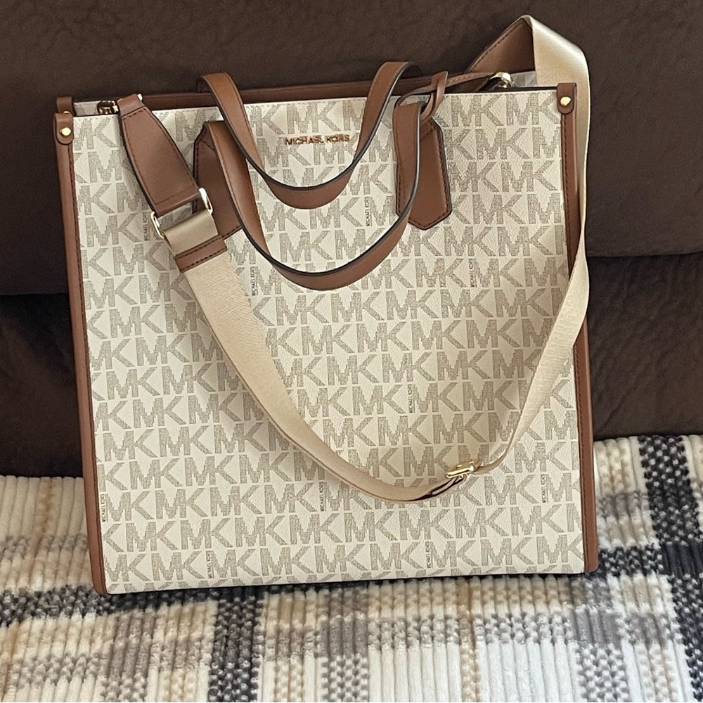Michael Kors Cream and Brown MK Tote